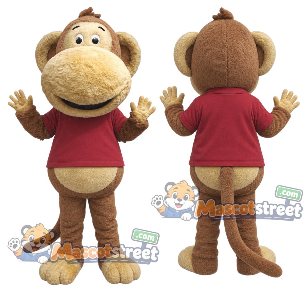 Brown Monkey Mascot Costume with Burgundy Shirt Brown Monkey Mascot Costume with Burgundy Shirt