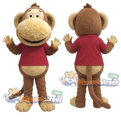Brown Monkey Mascot Costume with Burgundy Shirt Brown Monkey Mascot Costume with Burgundy Shirt