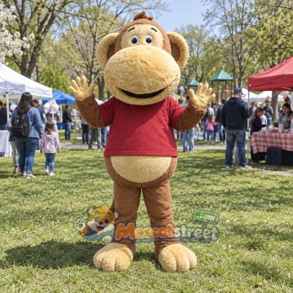 Brown Monkey Mascot Costume with Burgundy Shirt