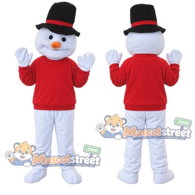 Snowman Mascot Costume with Red Sweater and Black Hat