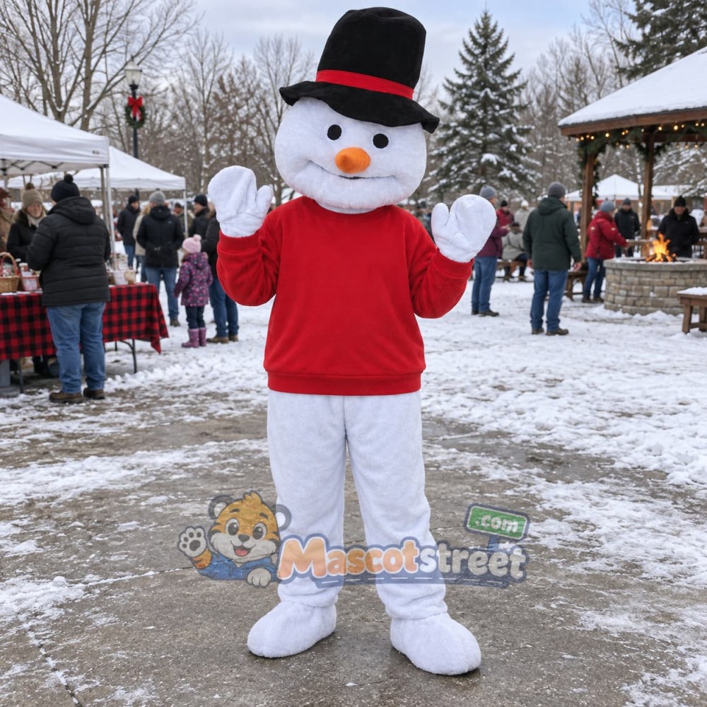 Snowman Mascot Costume with Red Sweater and Black Hat