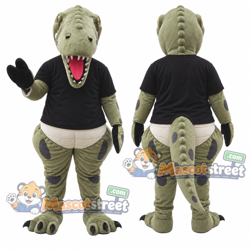 Green Dinosaur Mascot Costume with Black Shirt Green Dinosaur Mascot Costume with Black Shirt