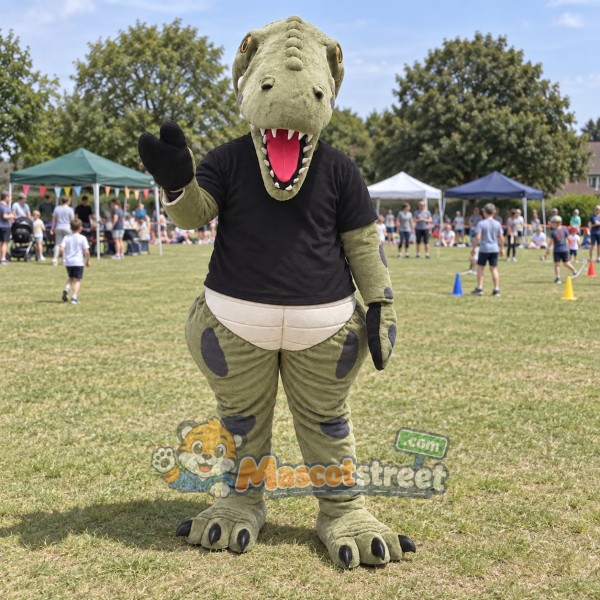 Green Dinosaur Mascot Costume with Black Shirt