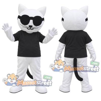 White Cat Mascot Costume with Black Shirt and Sunglasses White Cat Mascot Costume with Black Shirt and Sunglasses