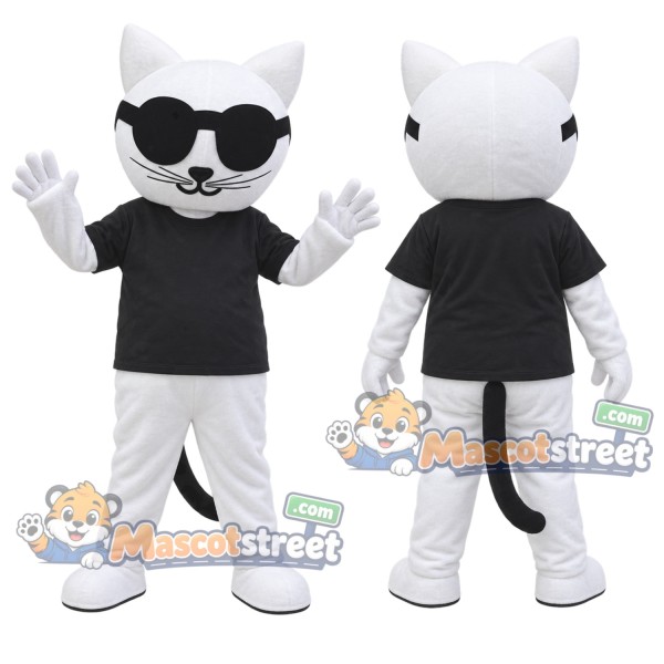 White Cat Mascot Costume with Black Shirt and Sunglasses