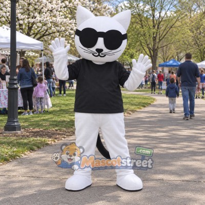 White Cat Mascot Costume with Black Shirt and Sunglasses White Cat Mascot Costume with Black Shirt and Sunglasses
