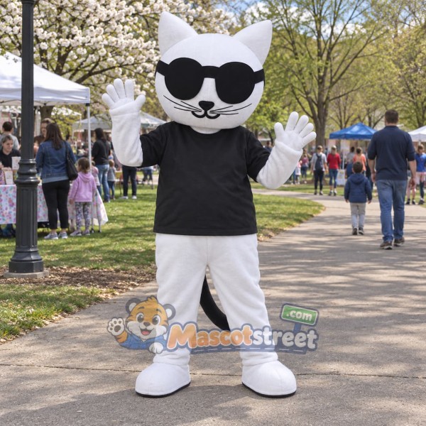 White Cat Mascot Costume with Black Shirt and Sunglasses