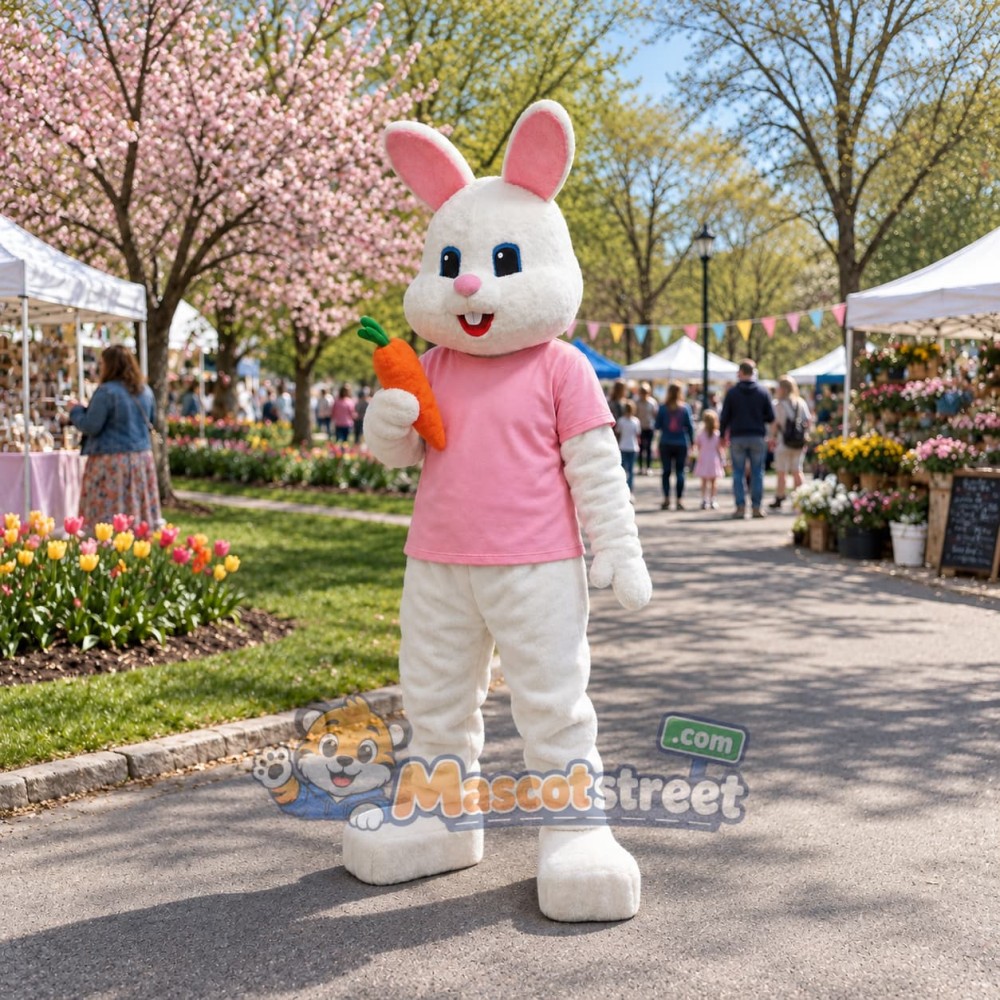 White Rabbit Mascot Costume with Pink Shirt