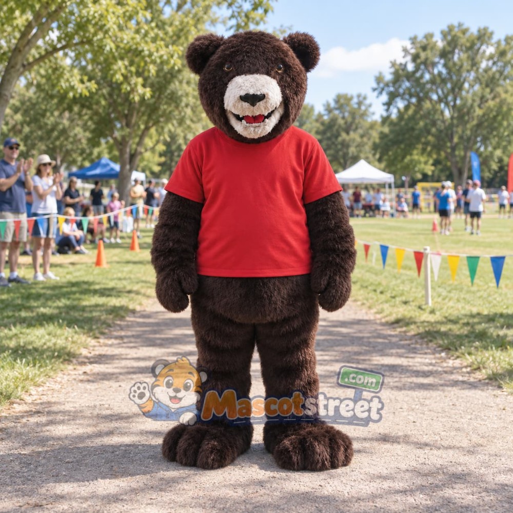 Brown Bear Mascot Costume with Red Shirt