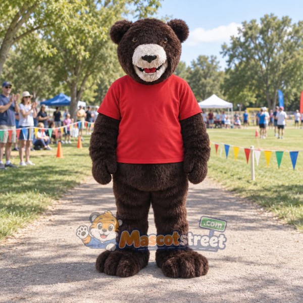 Brown Bear Mascot Costume with Red Shirt