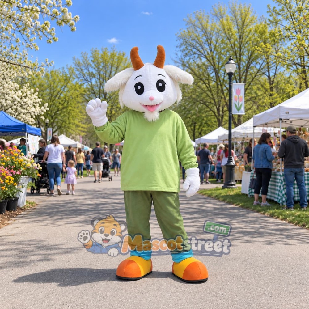 White Goat Mascot Costume with Green Shirt and Green Trousers