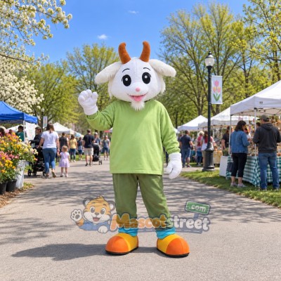 White Goat Mascot Costume with Green Shirt and Green Trousers