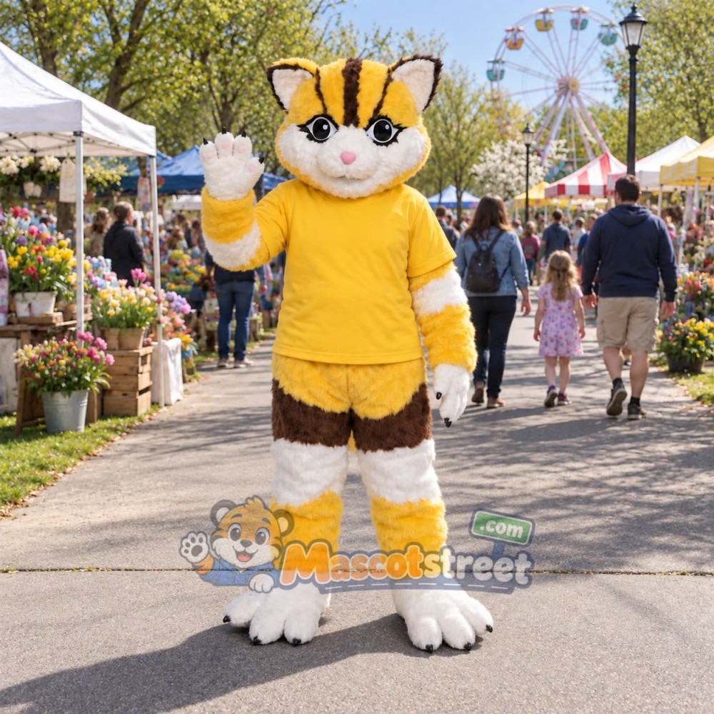 Yellow Tabby Cat Mascot Costume with Yellow Shirt Yellow Tabby Cat Mascot Costume with Yellow Shirt