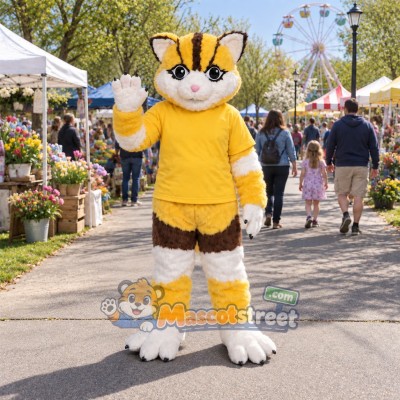 Yellow Tabby Cat Mascot Costume with Yellow Shirt Yellow Tabby Cat Mascot Costume with Yellow Shirt