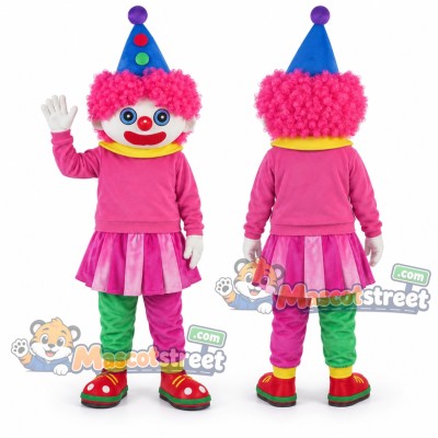 Clown Mascot Costume with Pink Dress and Blue Party Hat Clown Mascot Costume with Pink Dress and Blue Party Hat