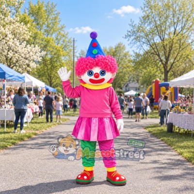 Clown Mascot Costume with Pink Dress and Blue Party Hat Clown Mascot Costume with Pink Dress and Blue Party Hat