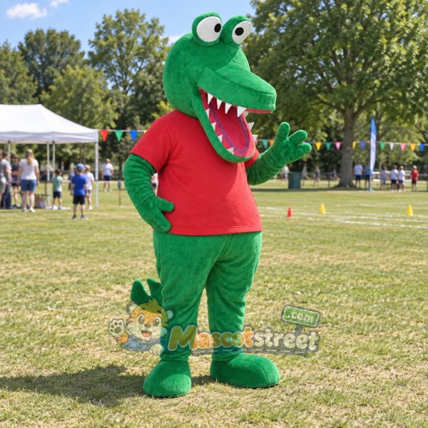Green Crocodile Mascot Costume with Red Shirt