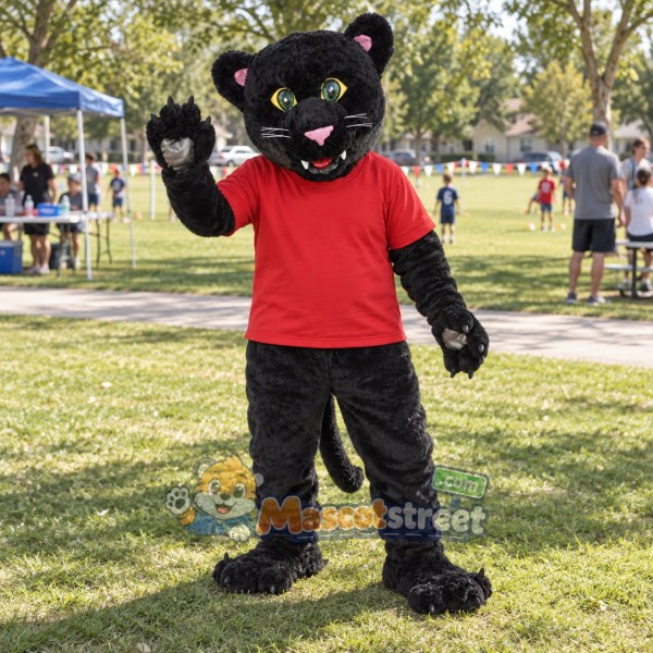 Black Panther Mascot Costume with Red Shirt