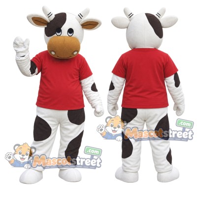 Black and White Cow Mascot Costume with Red Shirt