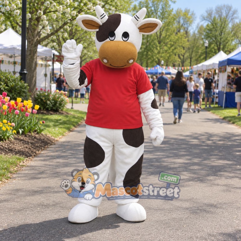 Black and White Cow Mascot Costume with Red Shirt