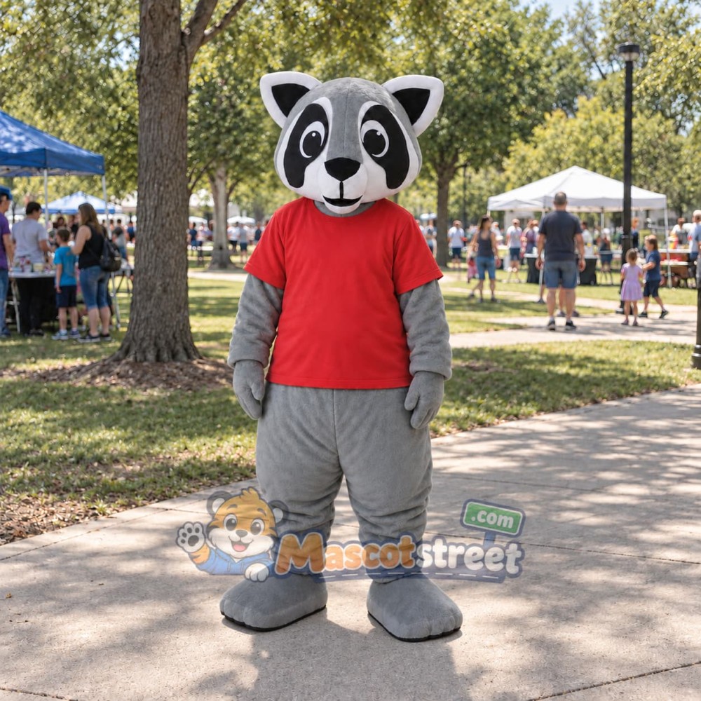 Gray Raccoon Mascot Costume with Red Shirt