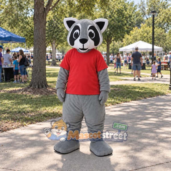 Gray Raccoon Mascot Costume with Red Shirt