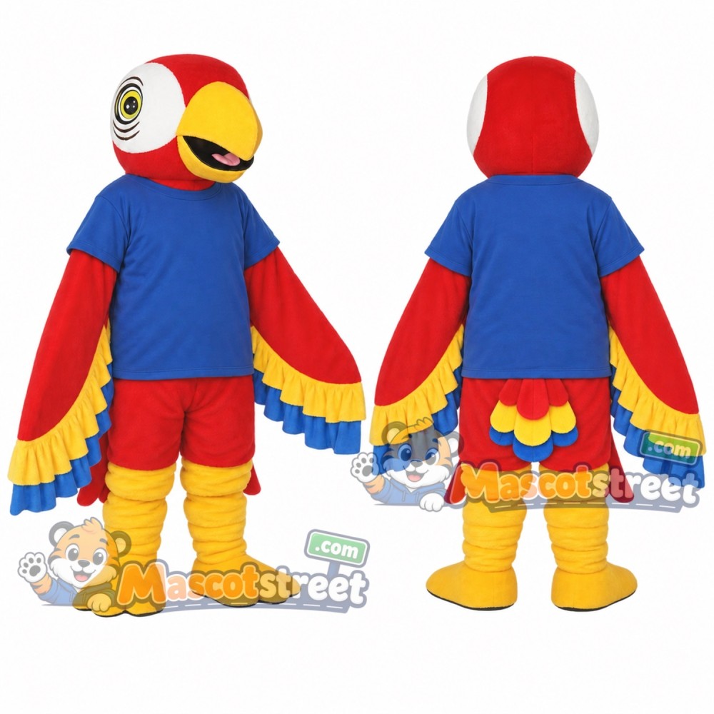 Red Parrot Mascot Costume with Blue Shirt and Red Shorts Red Parrot Mascot Costume with Blue Shirt and Red Shorts