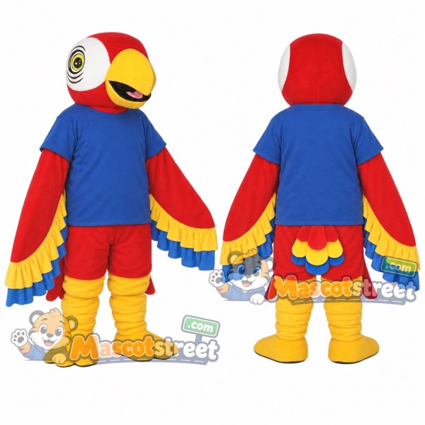 Red Parrot Mascot Costume with Blue Shirt and Red Shorts