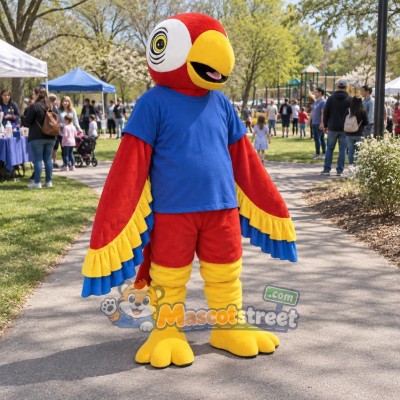 Red Parrot Mascot Costume with Blue Shirt and Red Shorts Red Parrot Mascot Costume with Blue Shirt and Red Shorts