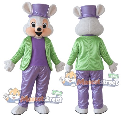 White Rabbit Mascot Costume with Green Jacket, Purple Trousers and Purple Top Hat