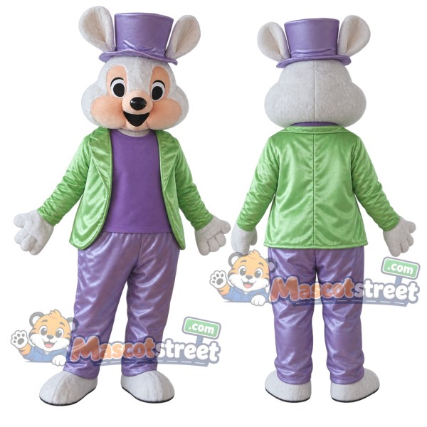 White Rabbit Mascot Costume with Green Jacket, Purple Trousers and Purple Top Hat