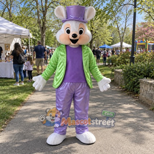 White Rabbit Mascot Costume with Green Jacket, Purple Trousers and Purple Top Hat