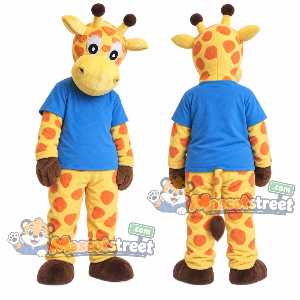 Yellow Giraffe Mascot Costume with Blue Shirt