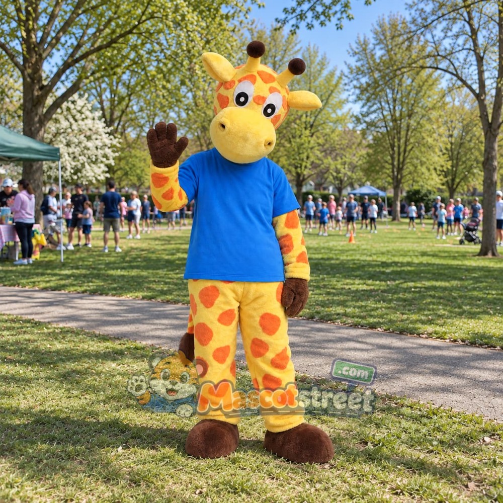 Yellow Giraffe Mascot Costume with Blue Shirt