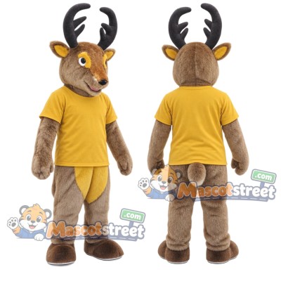 Brown Deer Mascot Costume with Yellow Shirt Brown Deer Mascot Costume with Yellow Shirt