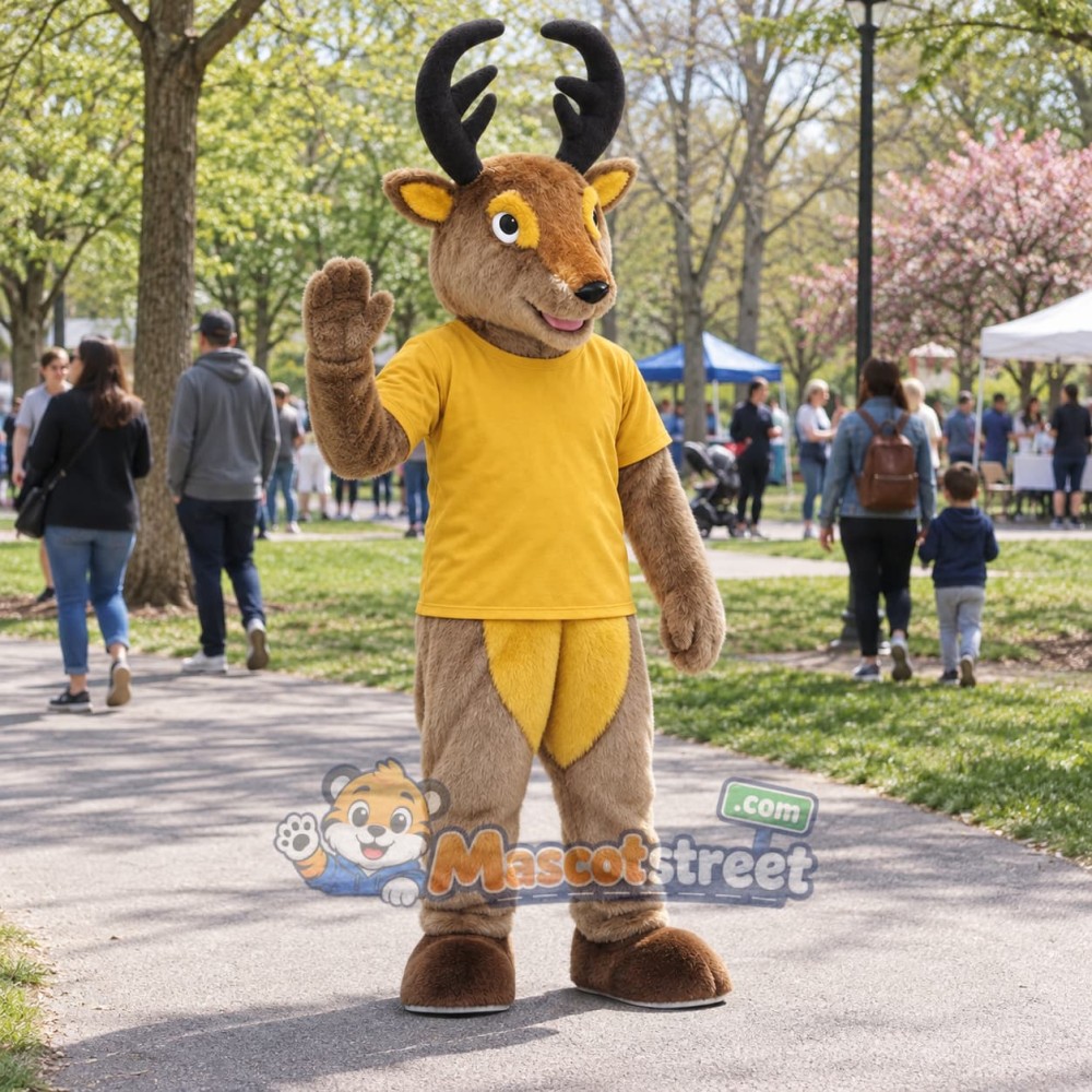 Brown Deer Mascot Costume with Yellow Shirt Brown Deer Mascot Costume with Yellow Shirt