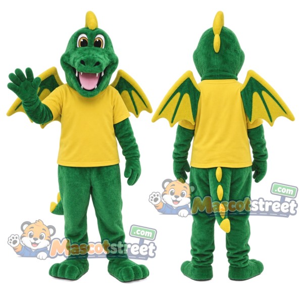 Green Dragon Mascot Costume with Yellow Shirt