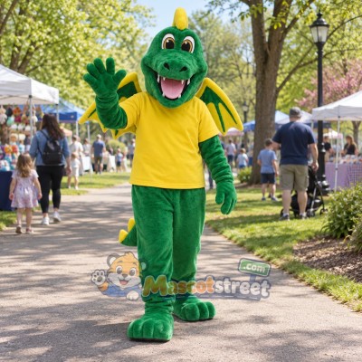 Green Dragon Mascot Costume with Yellow Shirt Green Dragon Mascot Costume with Yellow Shirt