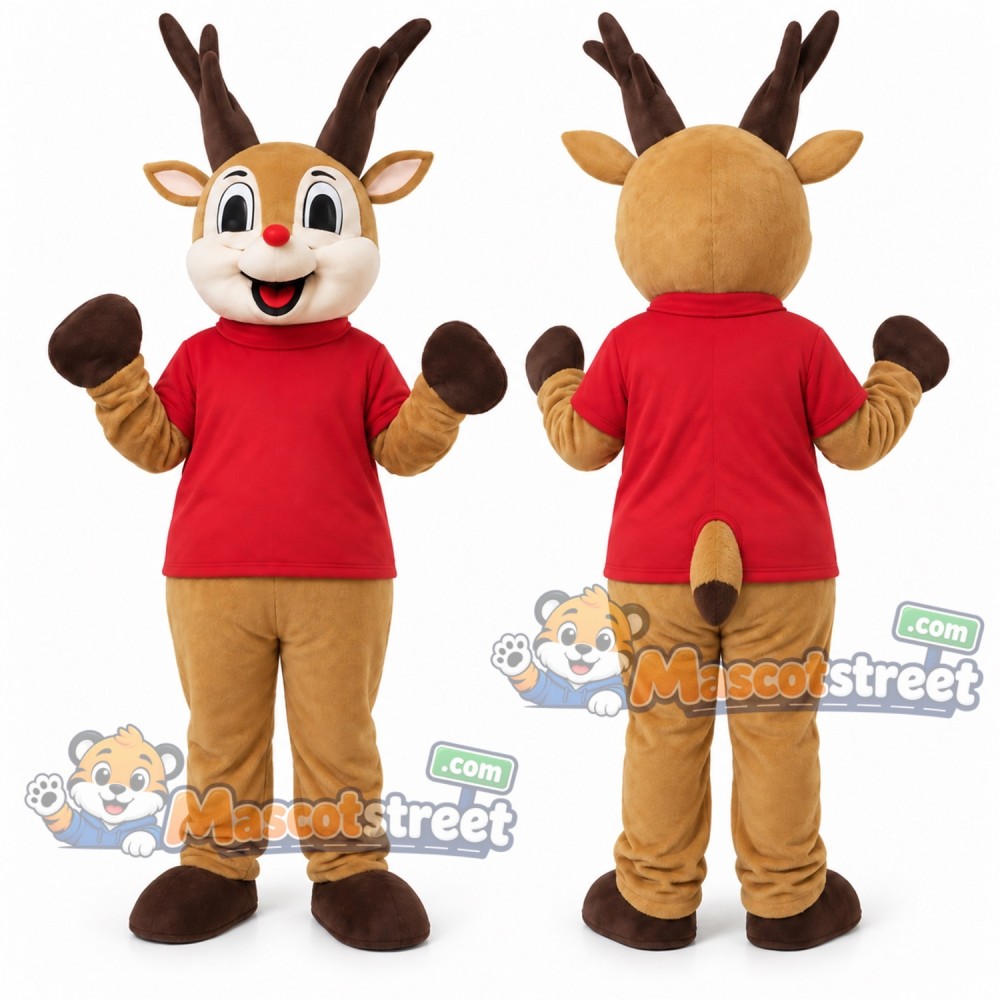 Brown Reindeer Mascot Costume with Red Shirt and Tan Trousers