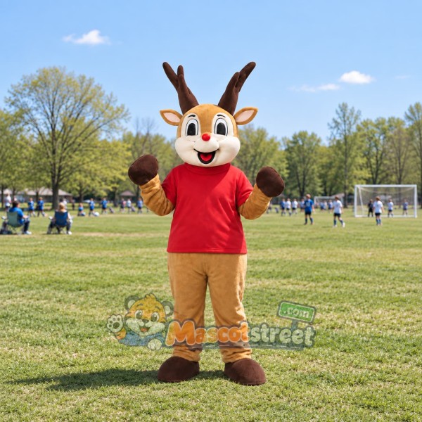Brown Reindeer Mascot Costume with Red Shirt and Tan Trousers