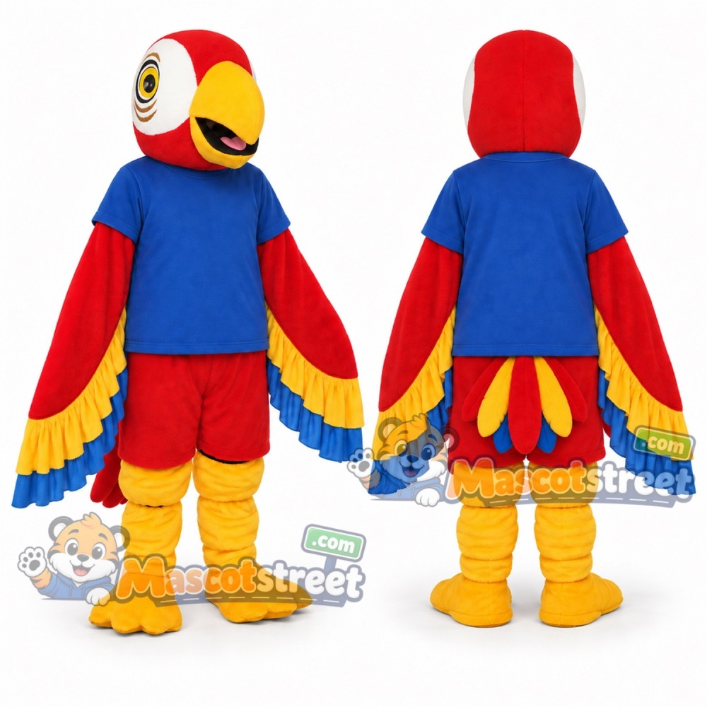 Red Parrot Mascot Costume with Blue Shirt and Red Shorts Red Parrot Mascot Costume with Blue Shirt and Red Shorts