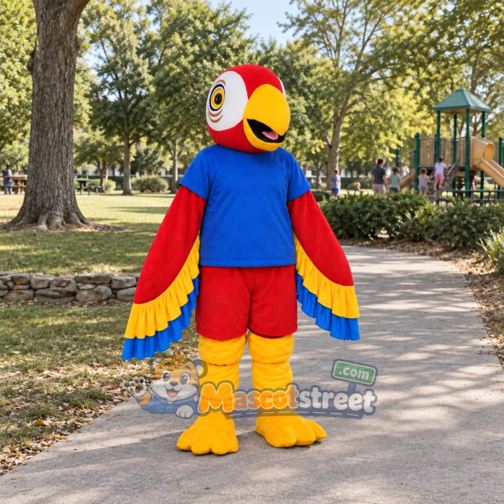 Red Parrot Mascot Costume with Blue Shirt and Red Shorts Red Parrot Mascot Costume with Blue Shirt and Red Shorts