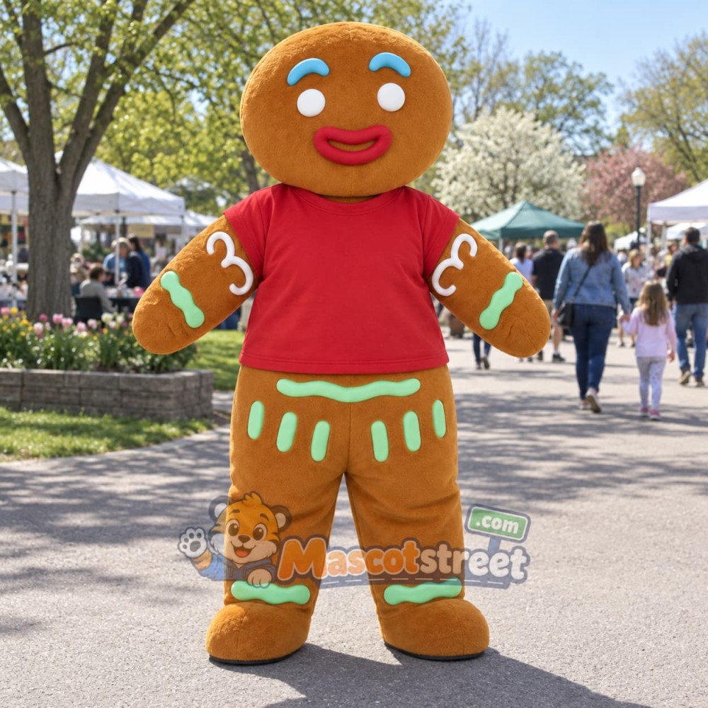 Gingerbread Person Mascot Costume with Red Shirt Gingerbread Person Mascot Costume with Red Shirt