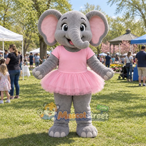 Gray Elephant Mascot Costume with Pink Dress