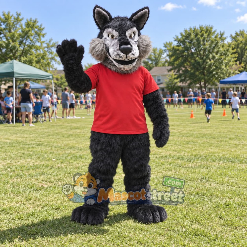 Black Wolf Mascot Costume with Red Shirt