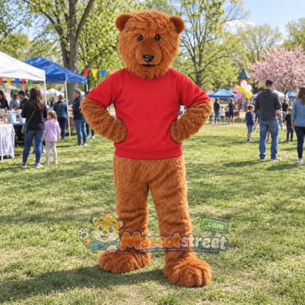 Brown Bear Mascot Costume with Red Shirt