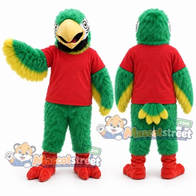 Green Parrot Mascot Costume with Red Shirt Green Parrot Mascot Costume with Red Shirt