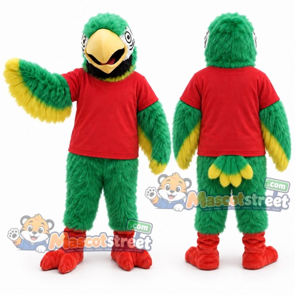 Green Parrot Mascot Costume with Red Shirt