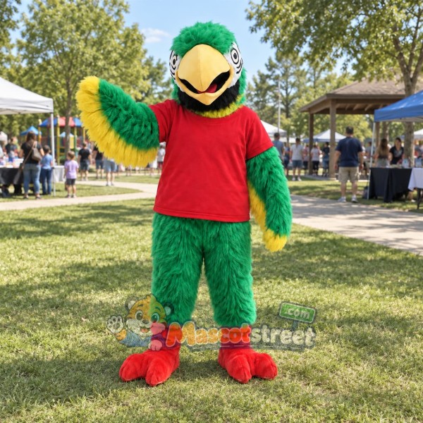 Green Parrot Mascot Costume with Red Shirt