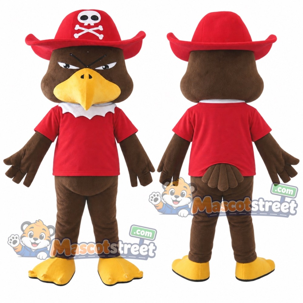 Brown Eagle Mascot Costume with Red Shirt and Red Pirate Hat Brown Eagle Mascot Costume with Red Shirt and Red Pirate Hat